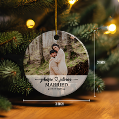 Personalized First Christmas Married Ornament with Photo Picture Wedding Ceramic Ornaments Keepsake Customized Gifts for Couple Newlywed Husband Wife Xmas Tree Decorations