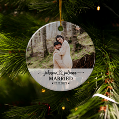 Personalized First Christmas Married Ornament with Photo Picture Wedding Ceramic Ornaments Keepsake Customized Gifts for Couple Newlywed Husband Wife Xmas Tree Decorations