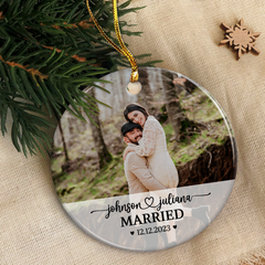 Personalized First Christmas Married Ornament with Photo Picture Wedding Ceramic Ornaments Keepsake Customized Gifts for Couple Newlywed Husband Wife Xmas Tree Decorations