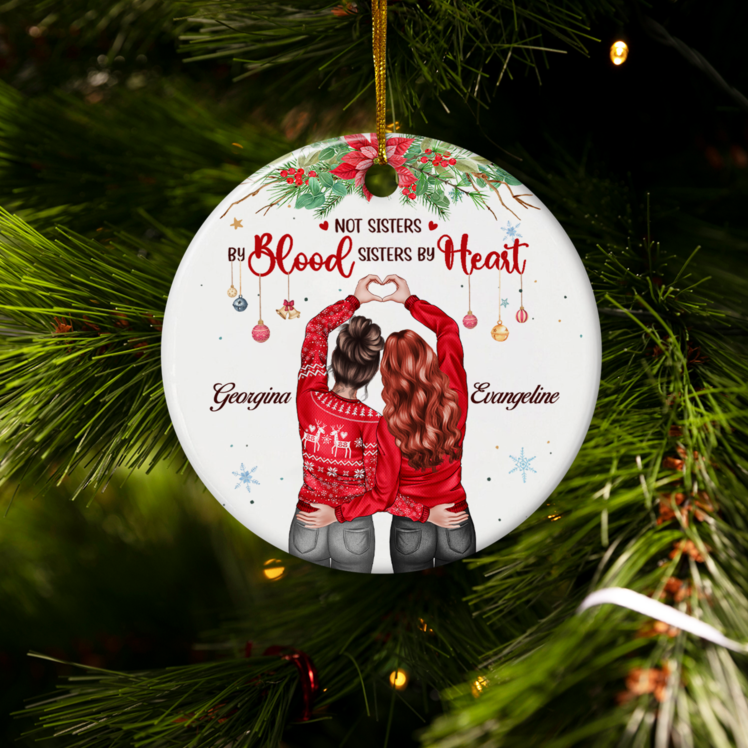Personalized Best Friend Ornament - Not Sisters by Blood But Sisters by Hearts Christmas Ceramic Ornaments Friendship Ornament Gifts for Bestie BFF Soul Sister Hanging Xmas Tree Decor