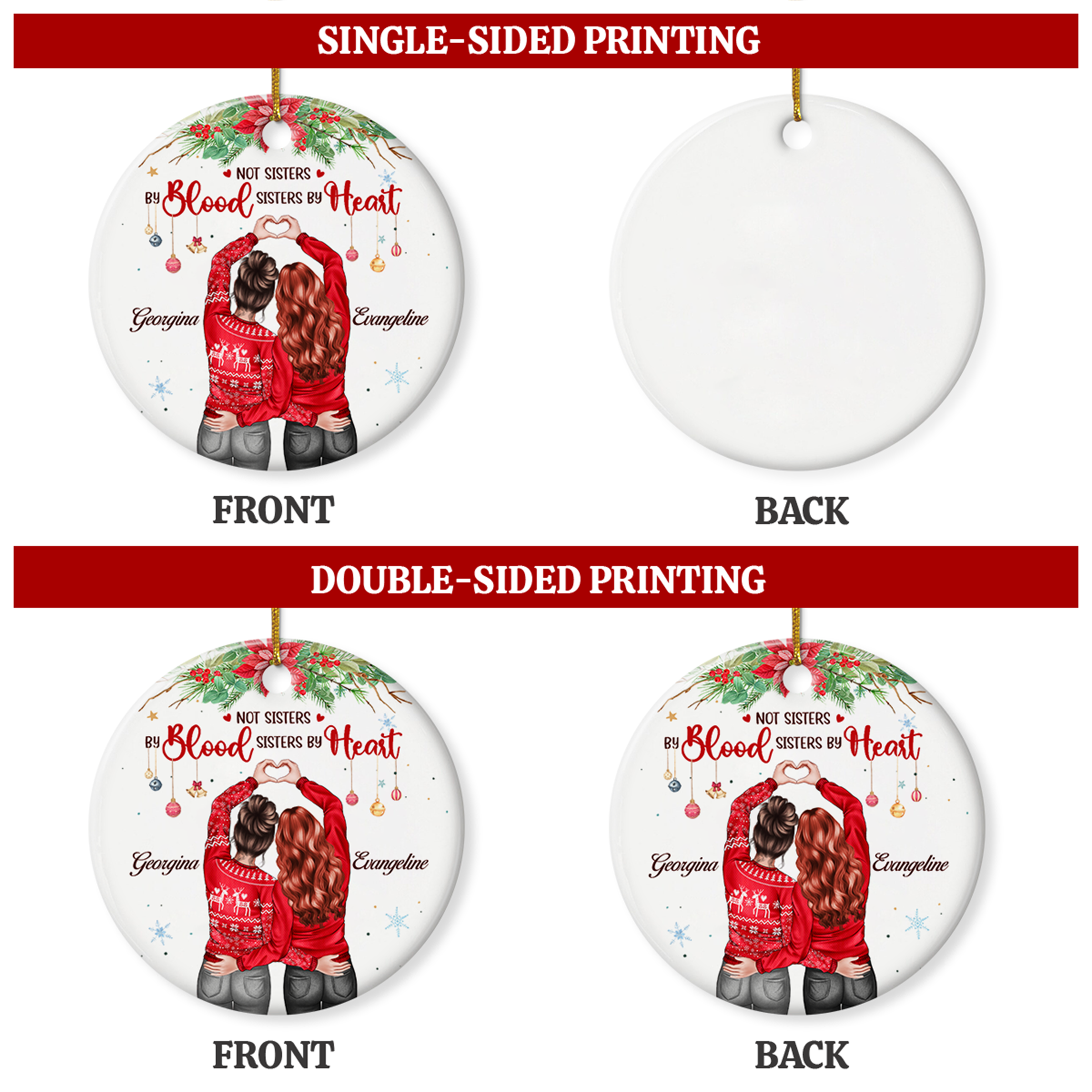 Personalized Best Friend Ornament - Not Sisters by Blood But Sisters by Hearts Christmas Ceramic Ornaments Friendship Ornament Gifts for Bestie BFF Soul Sister Hanging Xmas Tree Decor