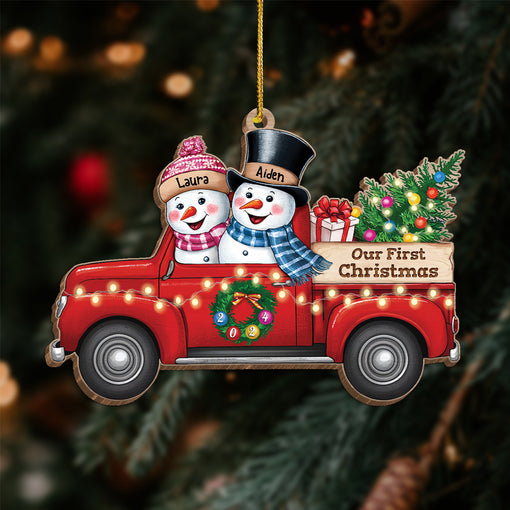 Personalized First Christmas Married Ornament - Custom Red Truck Shaped Wooden Ornament, Newlywed Christmas Ornament, Gifts For Couple Bride Groom