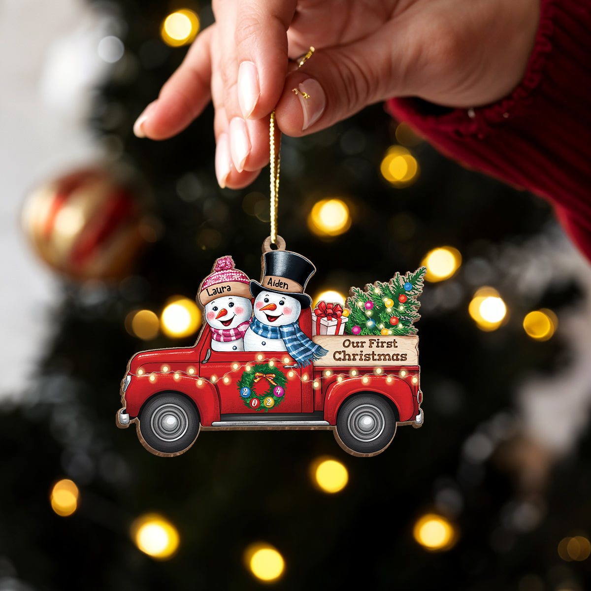 Personalized First Christmas Married Ornament - Custom Red Truck Shaped Wooden Ornament, Newlywed Christmas Ornament, Gifts For Couple Bride Groom