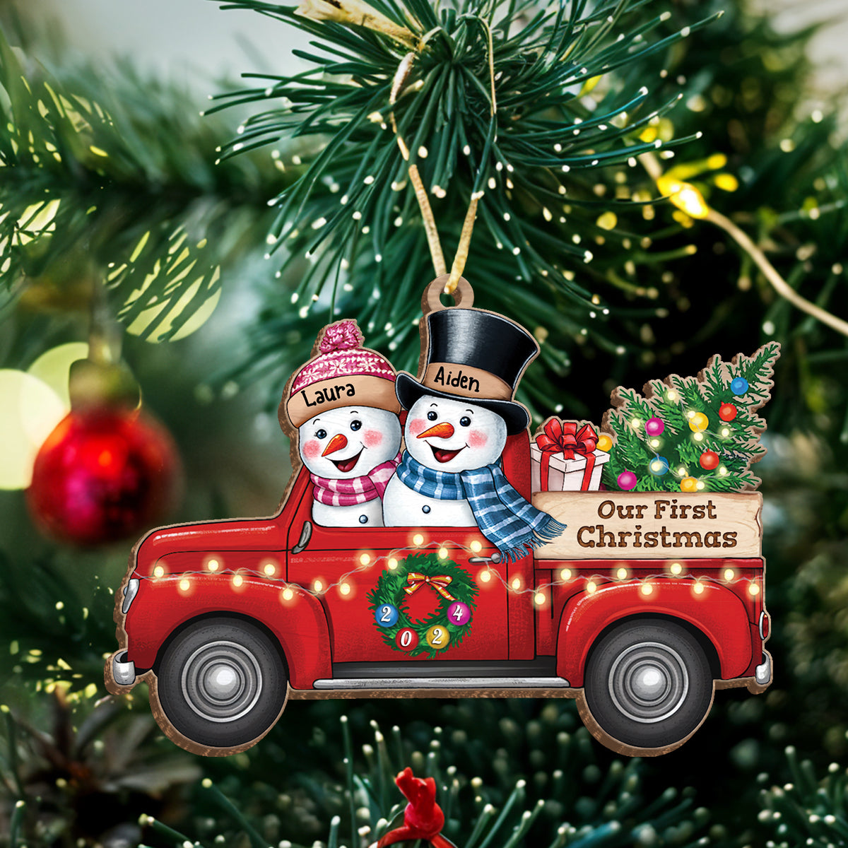 Personalized First Christmas Married Ornament - Custom Red Truck Shaped Wooden Ornament, Newlywed Christmas Ornament, Gifts For Couple Bride Groom
