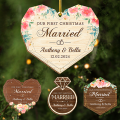 Personalized First Christmas Married Ornament - Custom Shaped Wooden Ornament, Newlywed Christmas Ornament, Gifts For Couple Bride Groom Bridal Shower