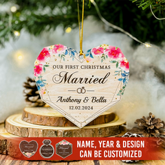 Personalized First Christmas Married Ornament - Custom Shaped Wooden Ornament, Newlywed Christmas Ornament, Gifts For Couple Bride Groom Bridal Shower