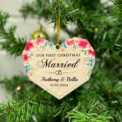 Personalized First Christmas Married Ornament - Custom Shaped Wooden Ornament, Newlywed Christmas Ornament, Gifts For Couple Bride Groom Bridal Shower