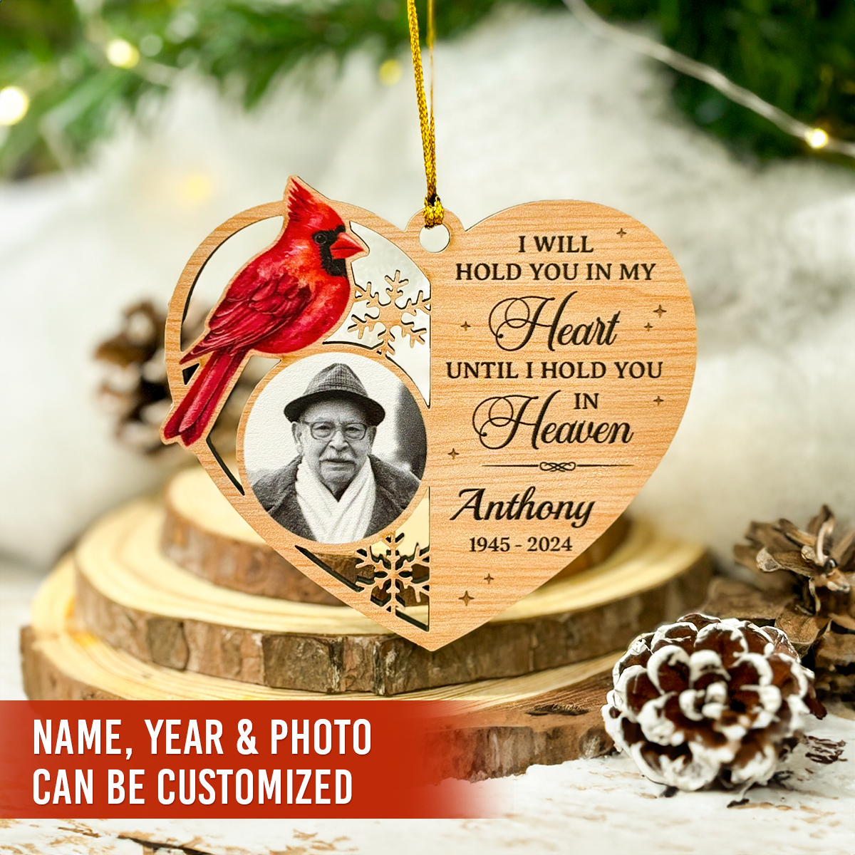 Personalized Human Memorial Ornament - Custom Photo Shaped Wooden Ornament, Sympathy Bereavement Gift Loss of Loved One, I Will Hold You in My Heart