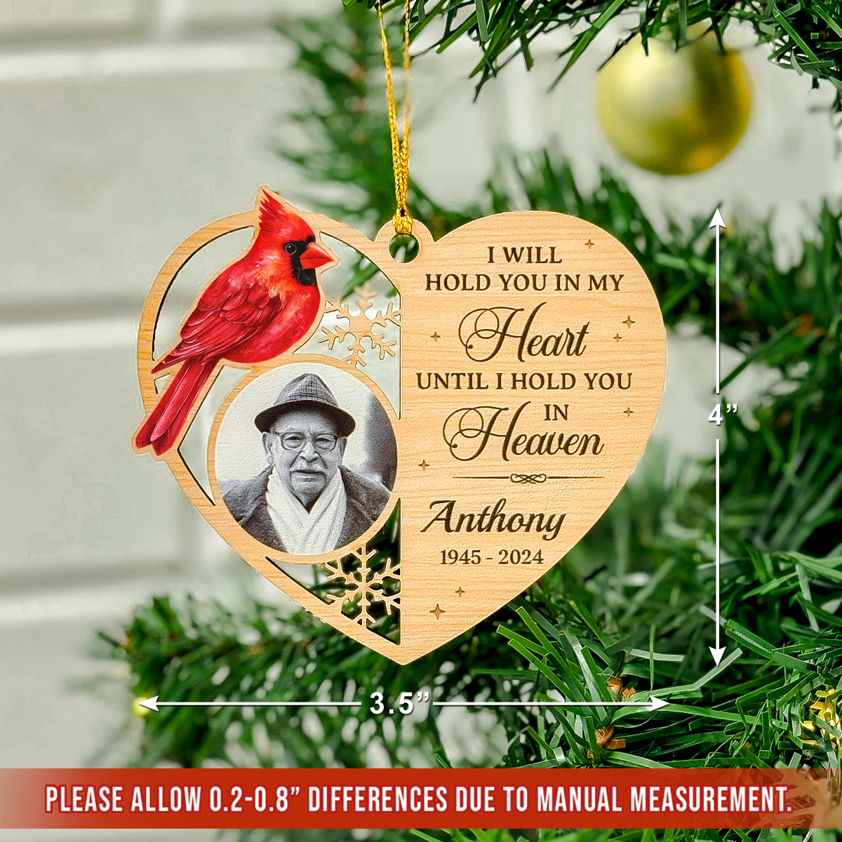 Personalized Human Memorial Ornament - Custom Photo Shaped Wooden Ornament, Sympathy Bereavement Gift Loss of Loved One, I Will Hold You in My Heart