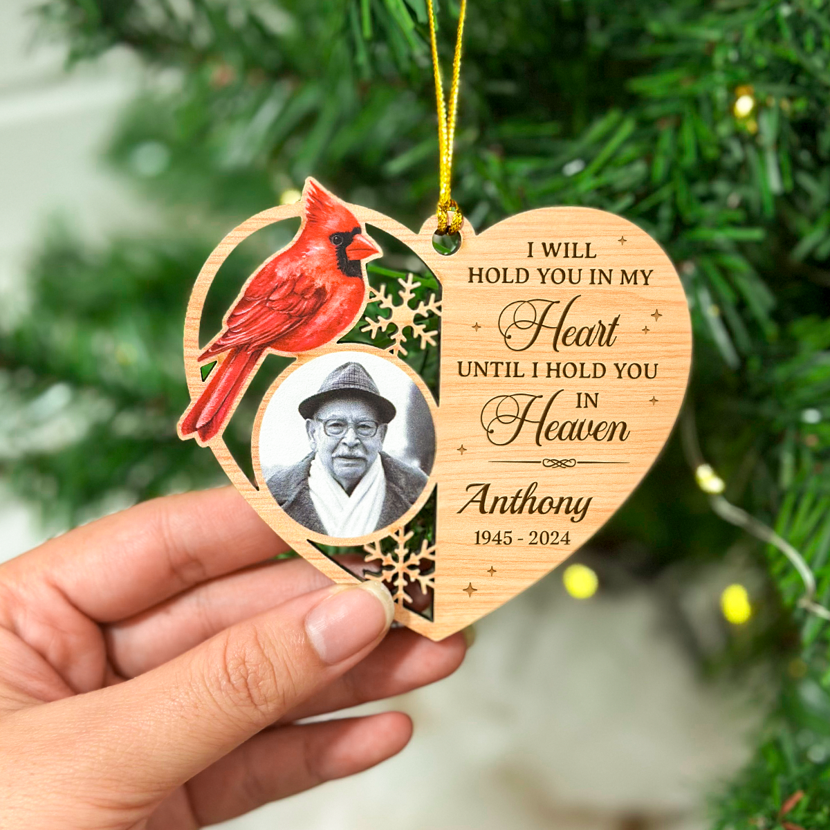 Personalized Human Memorial Ornament - Custom Photo Shaped Wooden Ornament, Sympathy Bereavement Gift Loss of Loved One, I Will Hold You in My Heart