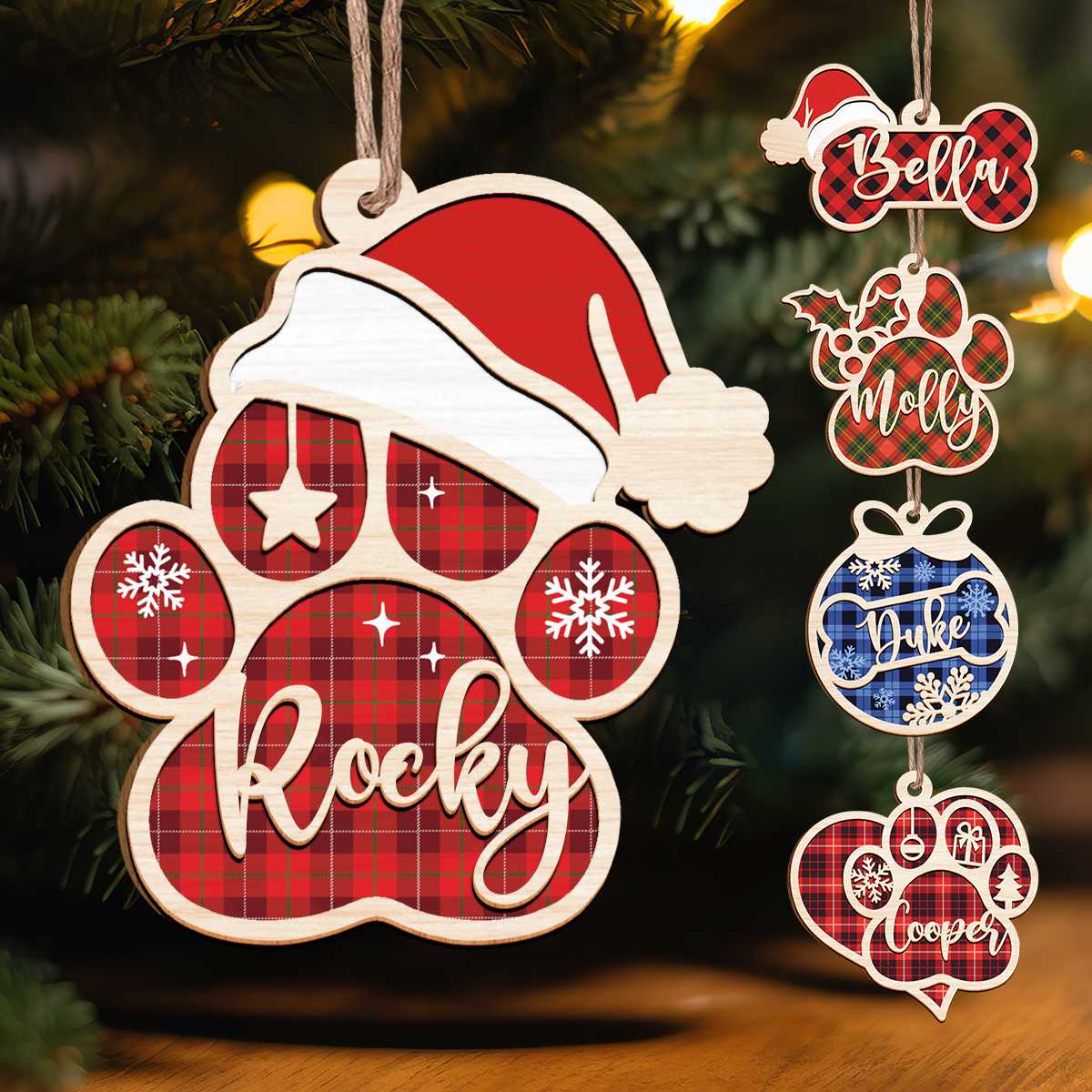 Personalized Pet Name Christmas Ornament - 2 Layered Wooden Design, Christmas Tree Keepsake for Pet Lovers, Dog Owners