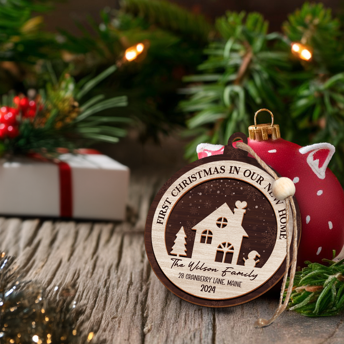 Personalized New Home Christmas Ornament - 2 Layered Wooden Design, House Warming Gifts, Christmas Hanging Decor