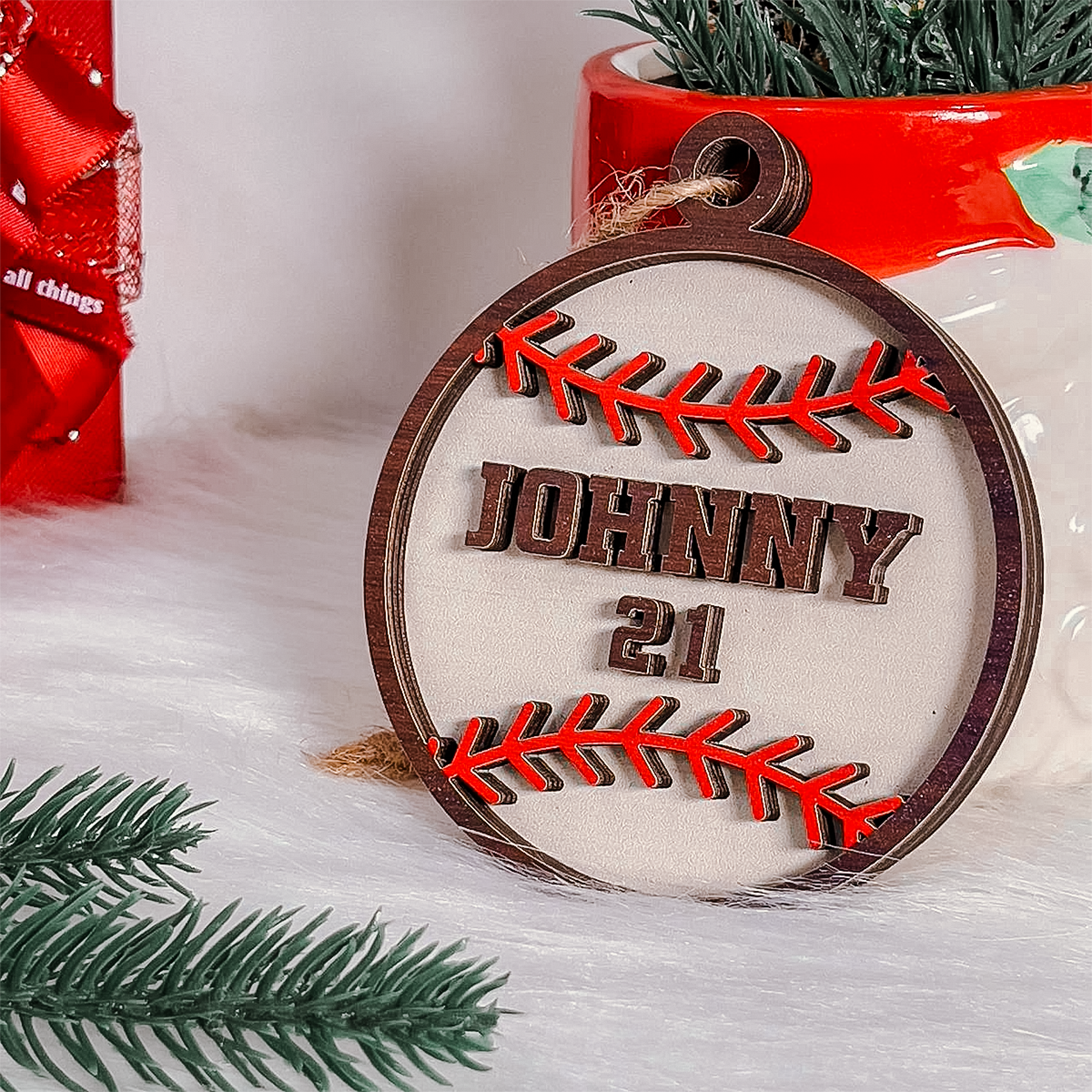 Personalized Christmas Ornament for Sports Players - 2 Layered Wooden Design, Gifts for Baseball, Softball, Basketball, Football Lovers, Men Women Boys Girls