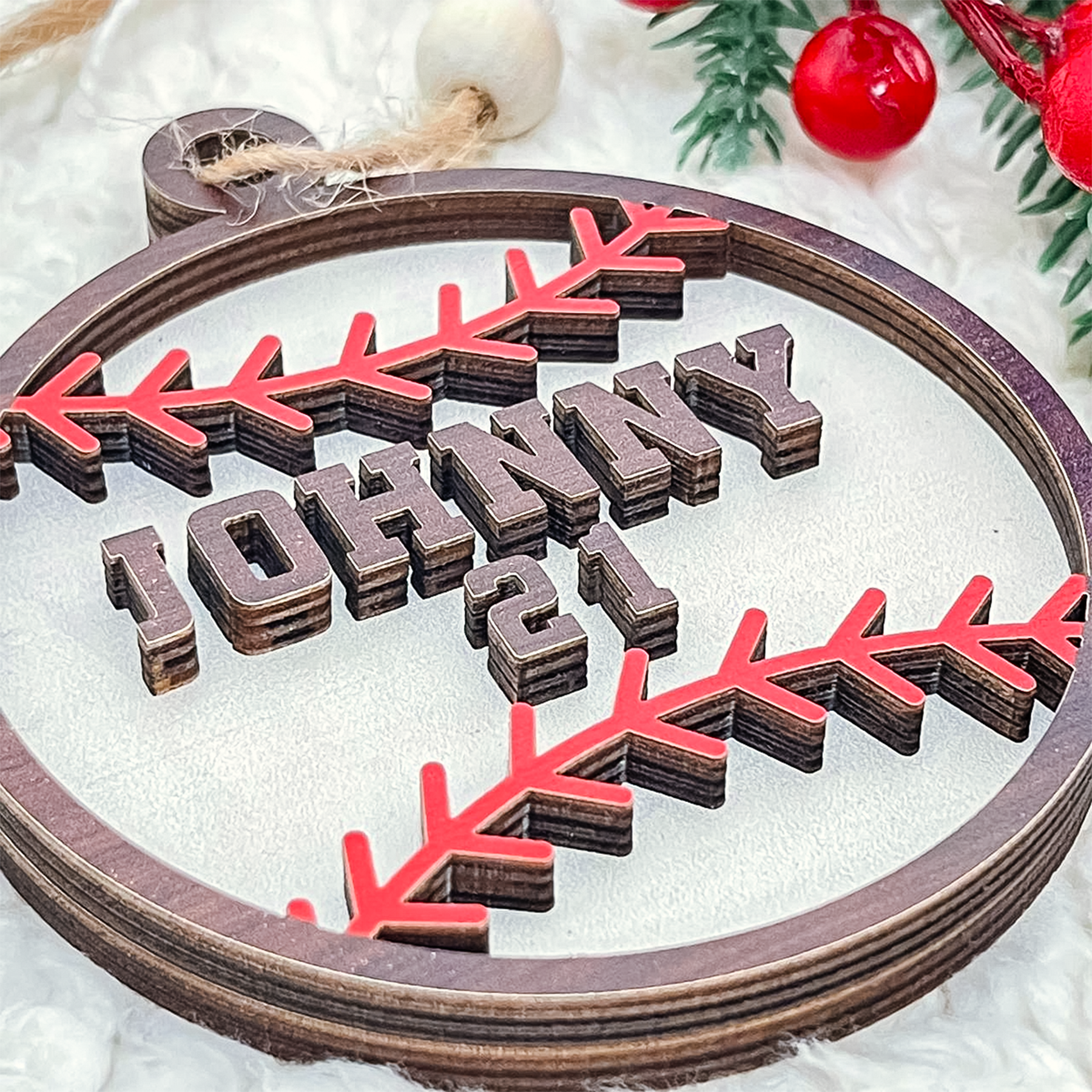 Personalized Christmas Ornament for Sports Players - 2 Layered Wooden Design, Gifts for Baseball, Softball, Basketball, Football Lovers, Men Women Boys Girls