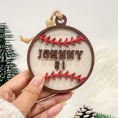 Personalized Christmas Ornament for Sports Players - 2 Layered Wooden Design, Gifts for Baseball, Softball, Basketball, Football Lovers, Men Women Boys Girls
