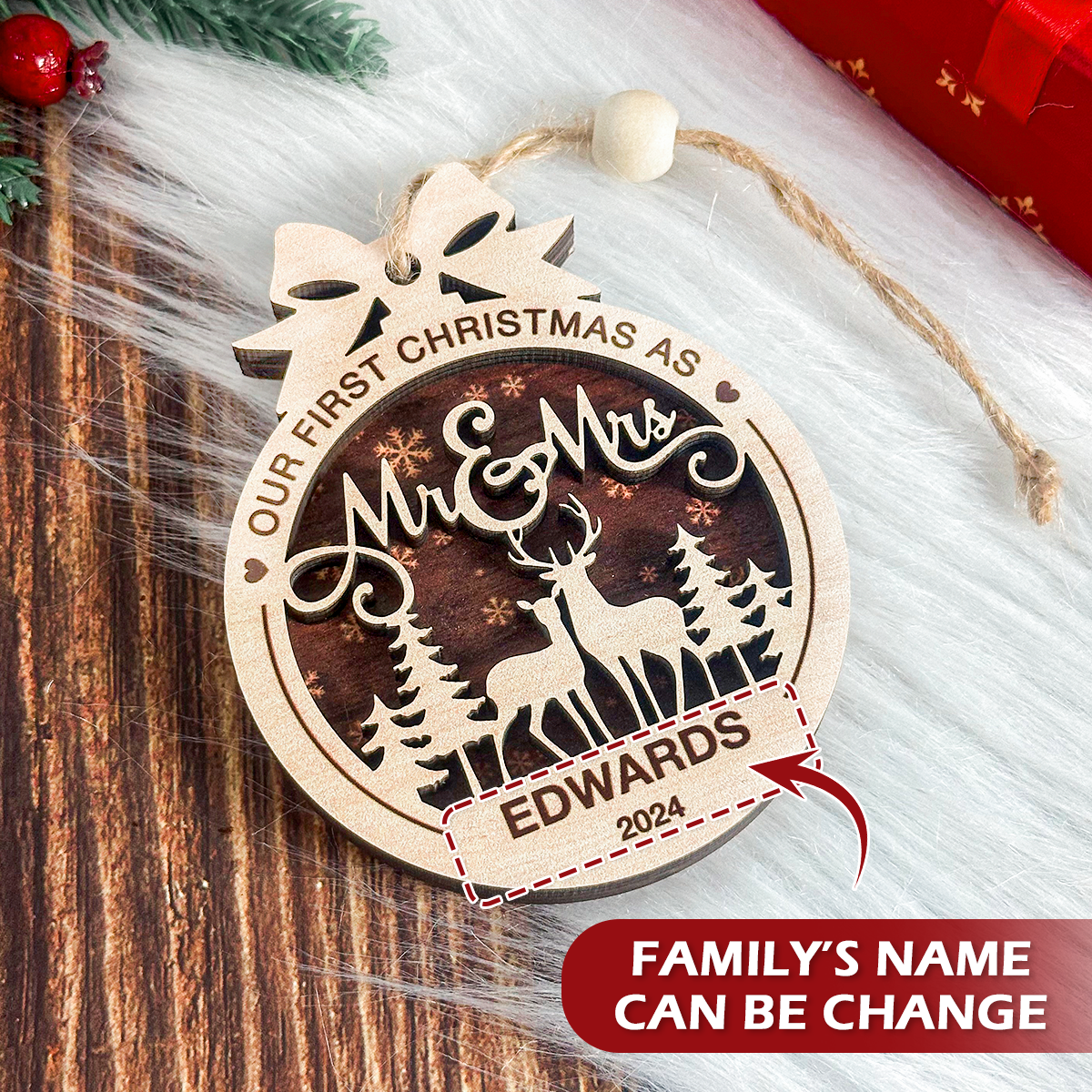 Personalized Christmas Ornament for Couples - Just Married, 2 Layered Wooden Design, First Christmas Keepsake