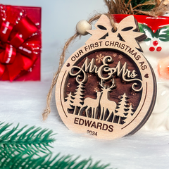Personalized Christmas Ornament for Couples - Just Married, 2 Layered Wooden Design, First Christmas Keepsake