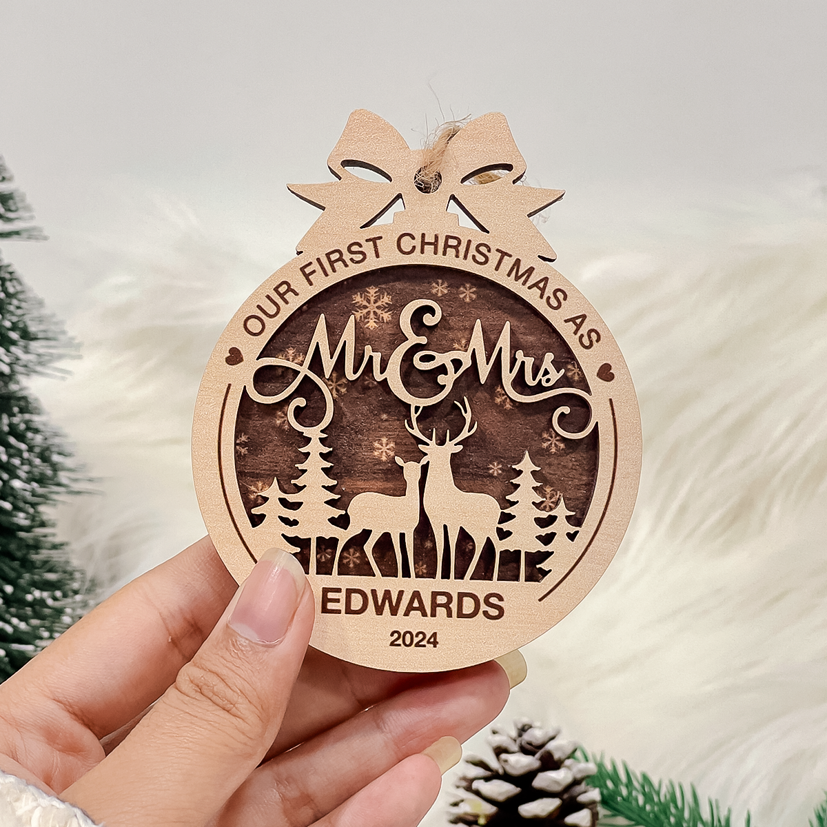 Personalized Christmas Ornament for Couples - Just Married, 2 Layered Wooden Design, First Christmas Keepsake