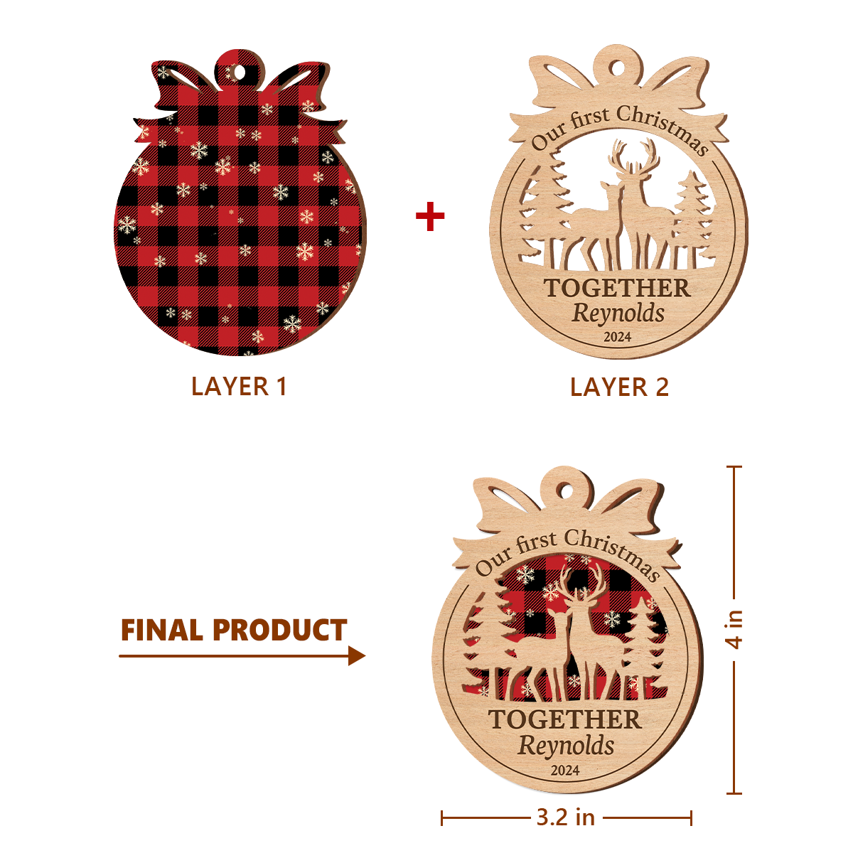 Personalized Gift for Couples - First Christmas Together Ornament, 2 Layered Wooden Design, Wedding Keepsake