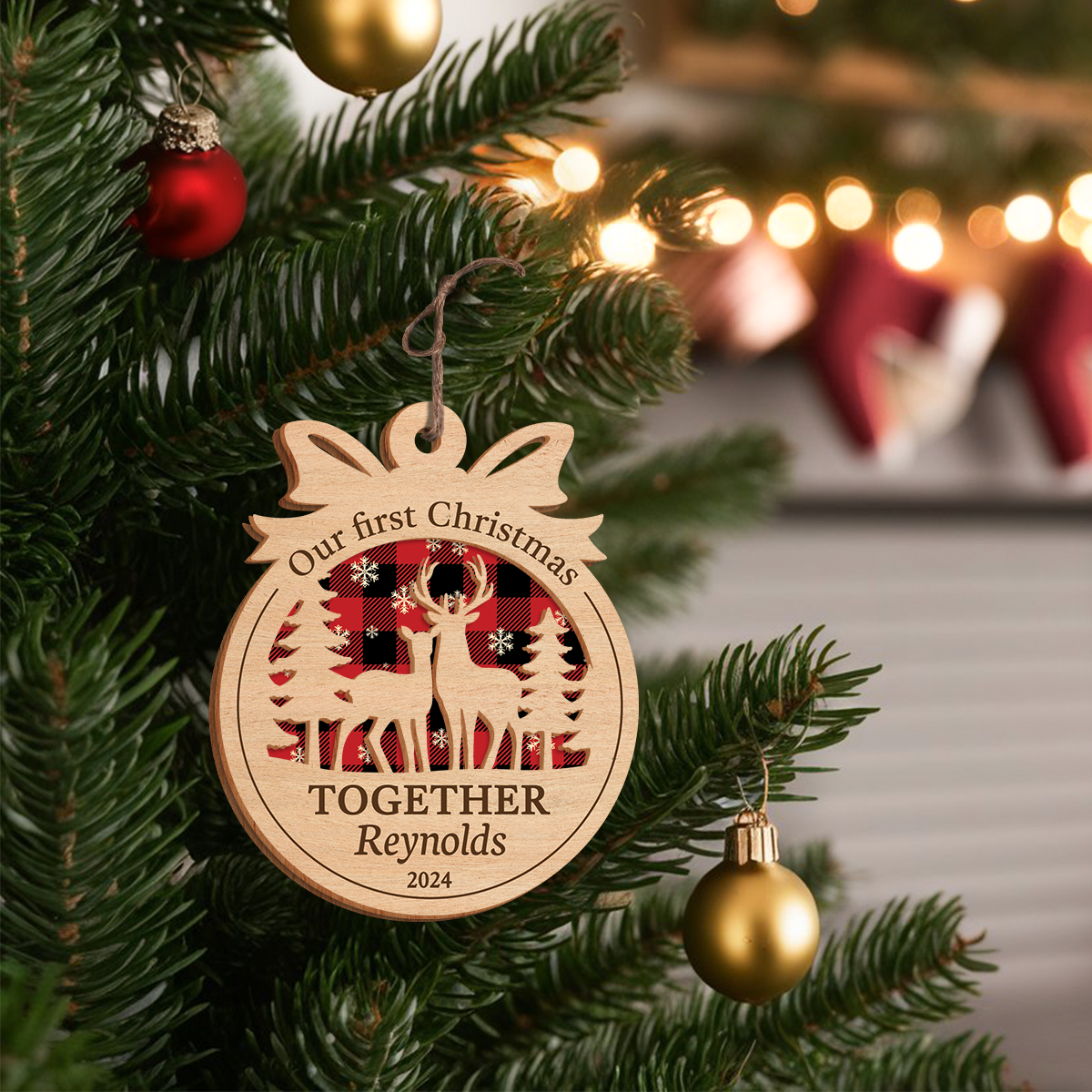 Personalized Gift for Couples - First Christmas Together Ornament, 2 Layered Wooden Design, Wedding Keepsake