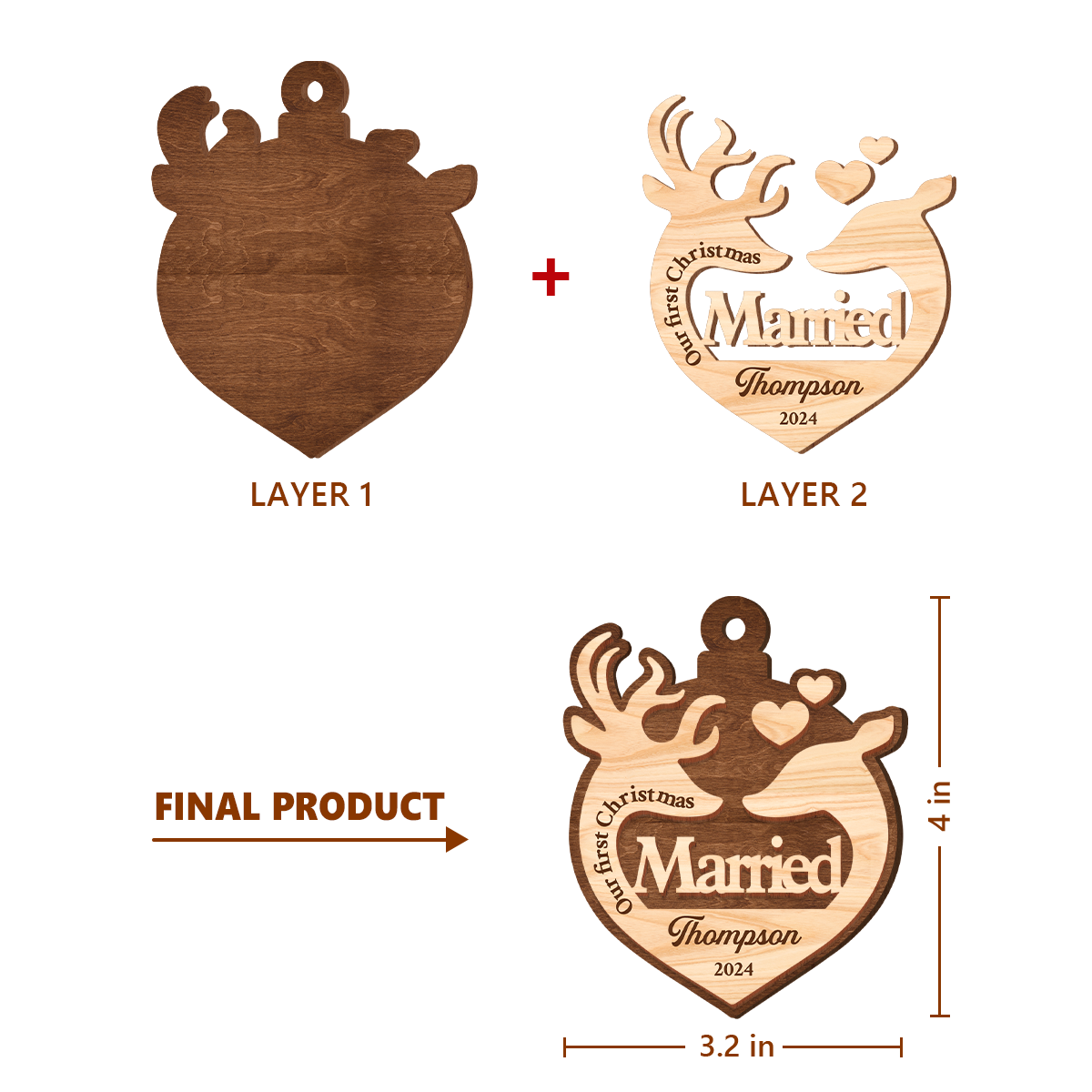 Personalized Ornament for Couple - First Christmas Married, 2 Layered Wooden Ornament, Wedding Keepsakes