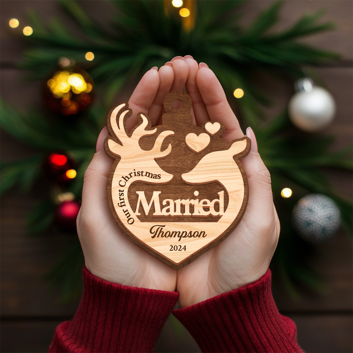 Personalized Ornament for Couple - First Christmas Married, 2 Layered Wooden Ornament, Wedding Keepsakes