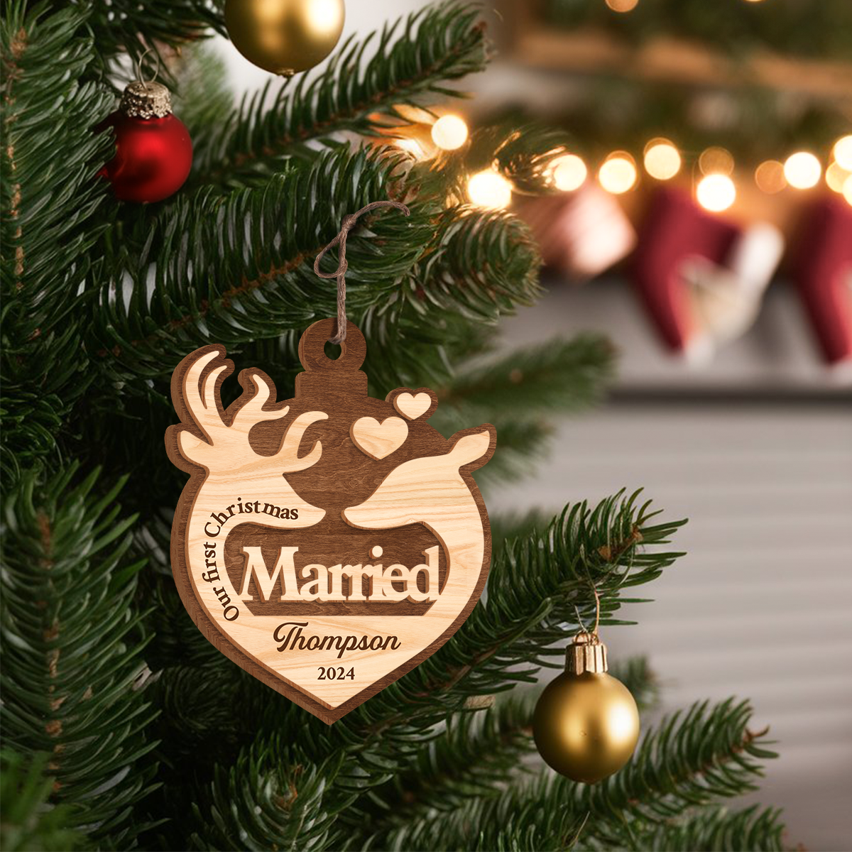 Personalized Ornament for Couple - First Christmas Married, 2 Layered Wooden Ornament, Wedding Keepsakes