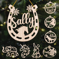 Personalized Animals Christmas Ornament - Custom Name Cut-out Wooden Ornament, Gift for Horse Rabbit Butterfly Unicorn Dinosaur Turtle Elephant Lovers
