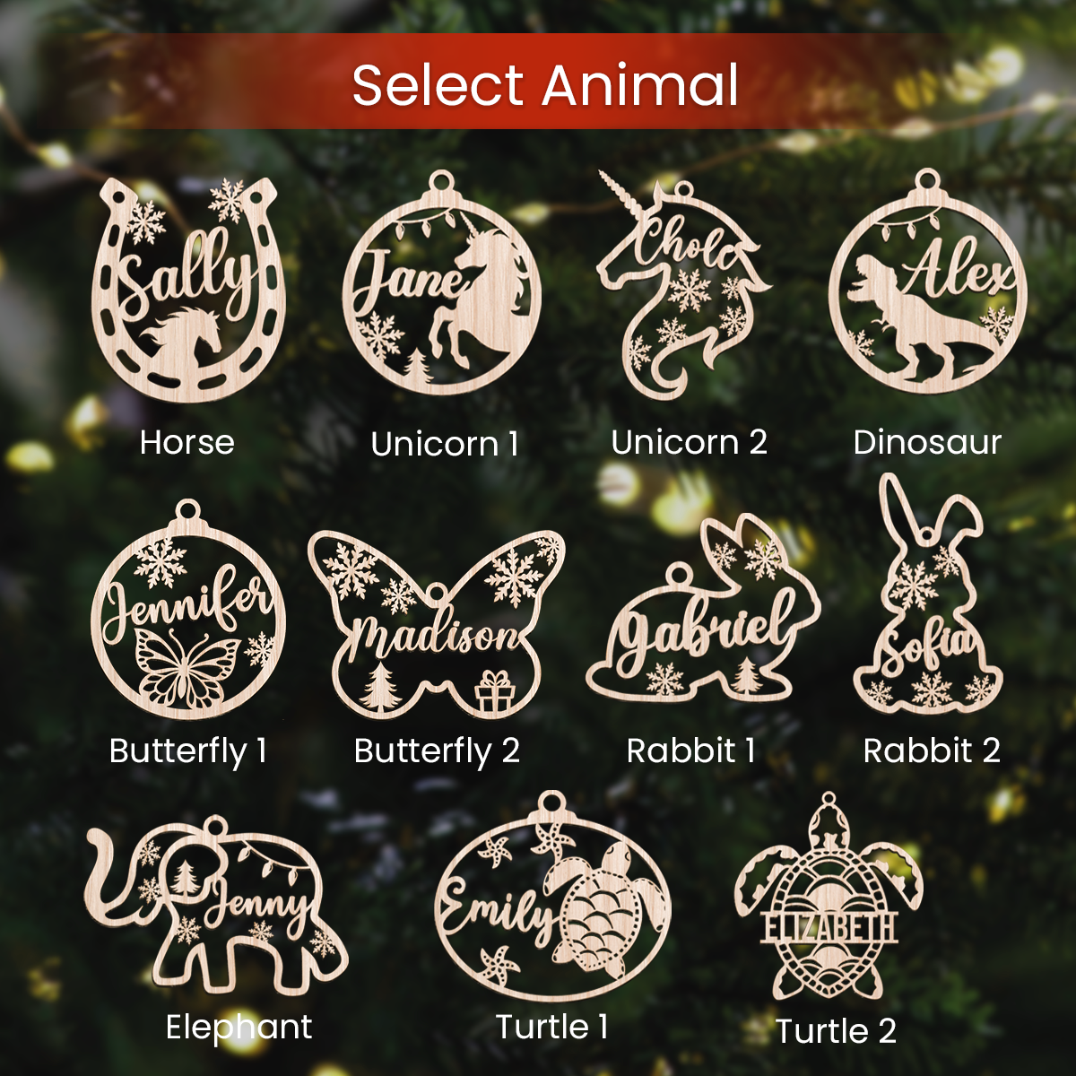Personalized Animals Christmas Ornament - Custom Name Cut-out Wooden Ornament, Gift for Horse Rabbit Butterfly Unicorn Dinosaur Turtle Elephant Lovers
