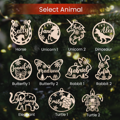 Personalized Animals Christmas Ornament - Custom Name Cut-out Wooden Ornament, Gift for Horse Rabbit Butterfly Unicorn Dinosaur Turtle Elephant Lovers