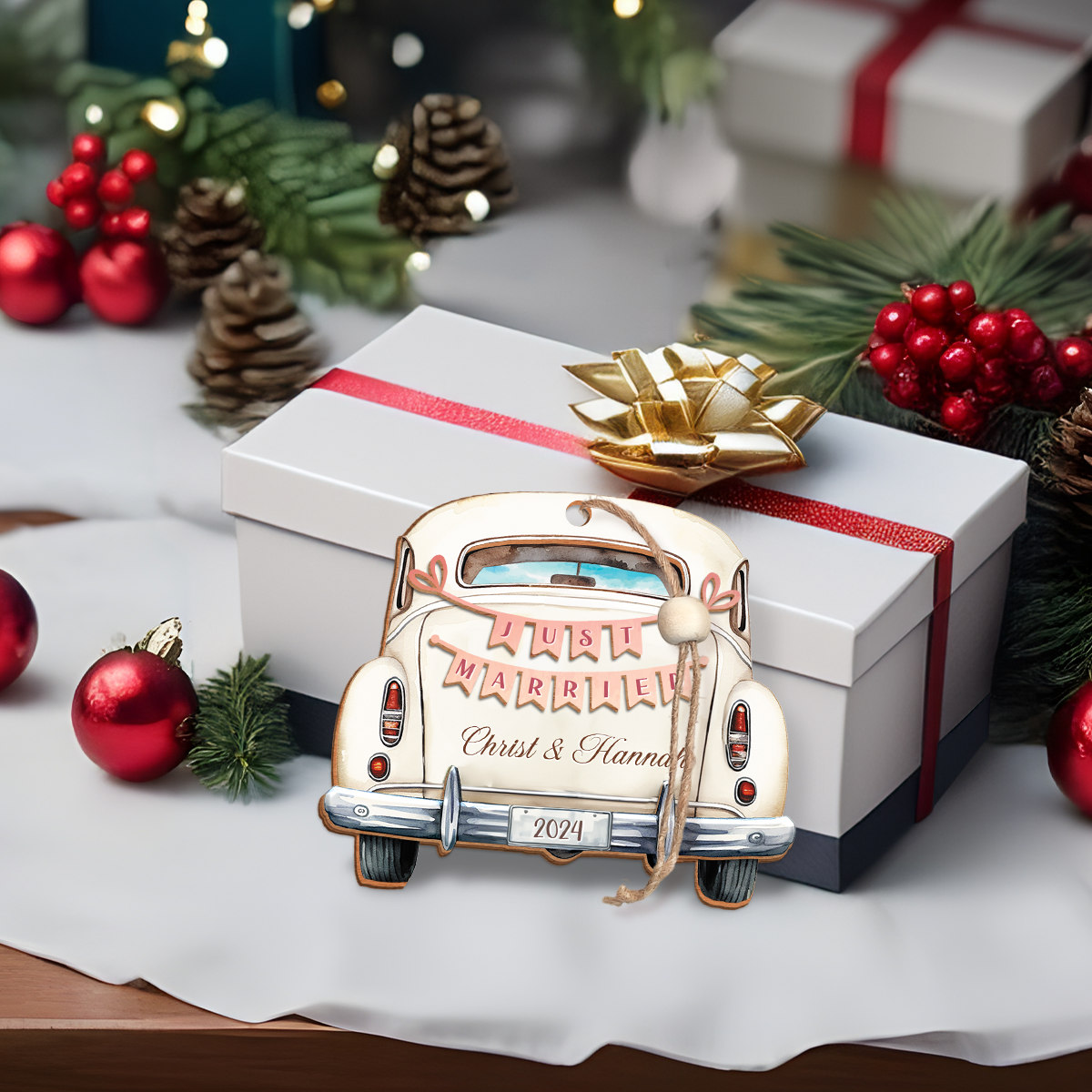 Personalized First Christmas Married Ornament - Customized Names 3 Layered Wooden Ornament, Newlywed Christmas Ornament, Gifts For Couple Bride Groom