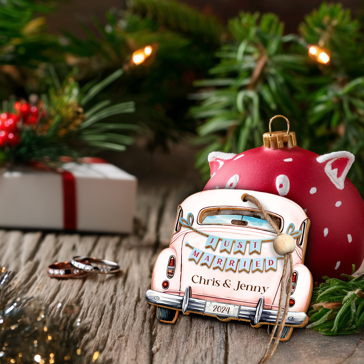 Personalized First Christmas Married Ornament - Customized Names 3 Layered Wooden Ornament, Newlywed Christmas Ornament, Gifts For Couple Bride Groom