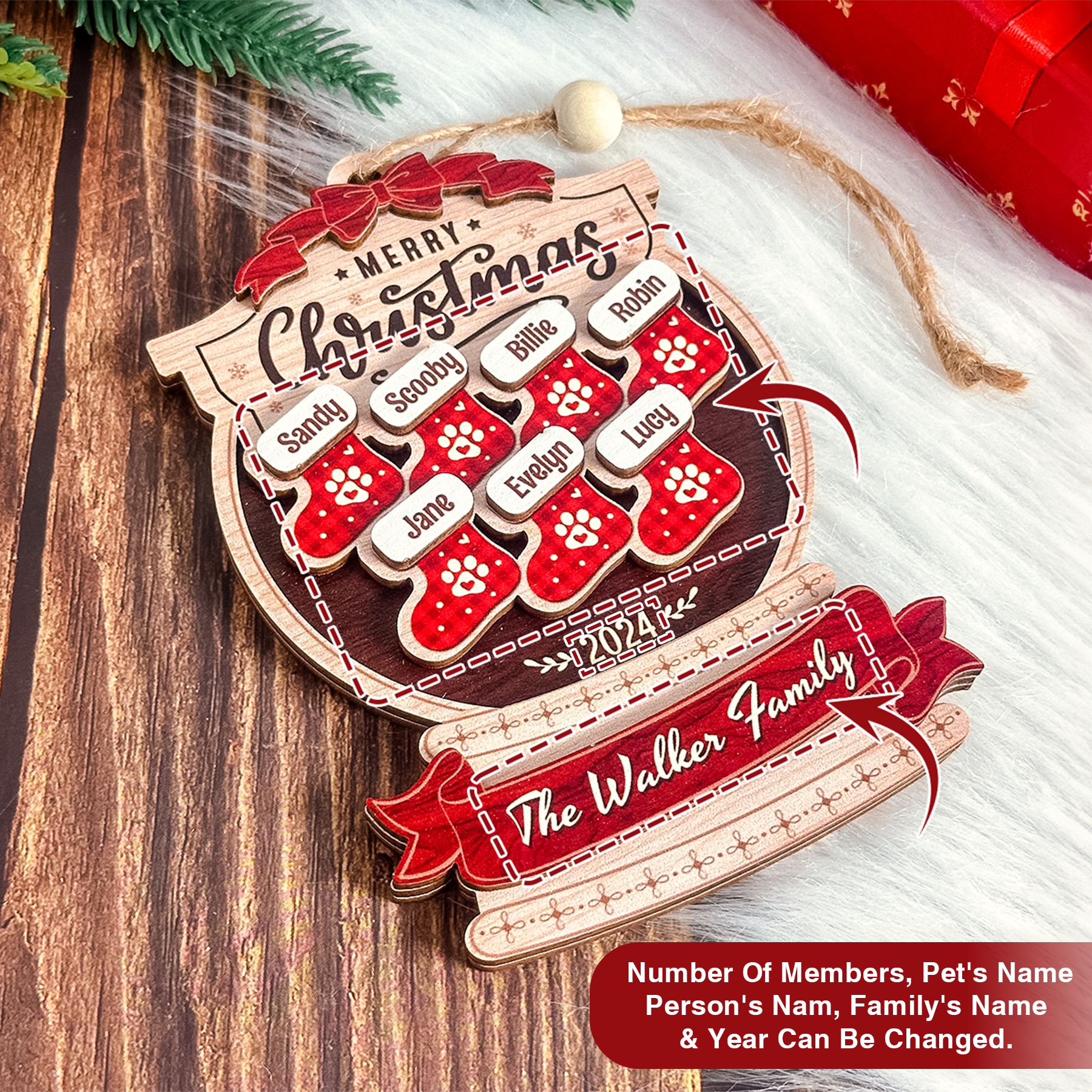 Personalized Family Ornament - Customized Name 3 Layered Wooden Ornament, Christmas Hanging Decor, Keepsake Gifts Ideas for Friends Men Women