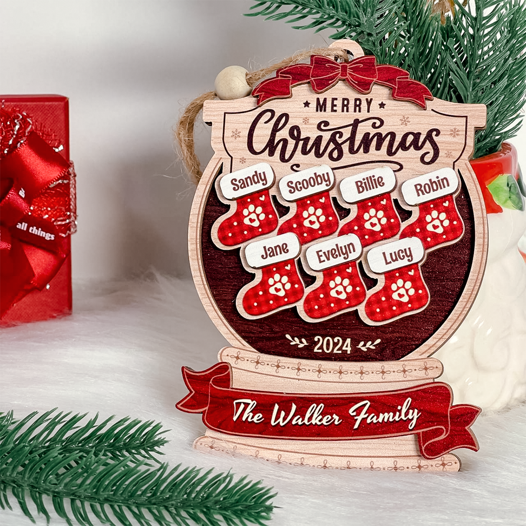 Personalized Family Ornament - Customized Name 3 Layered Wooden Ornament, Christmas Hanging Decor, Keepsake Gifts Ideas for Friends Men Women