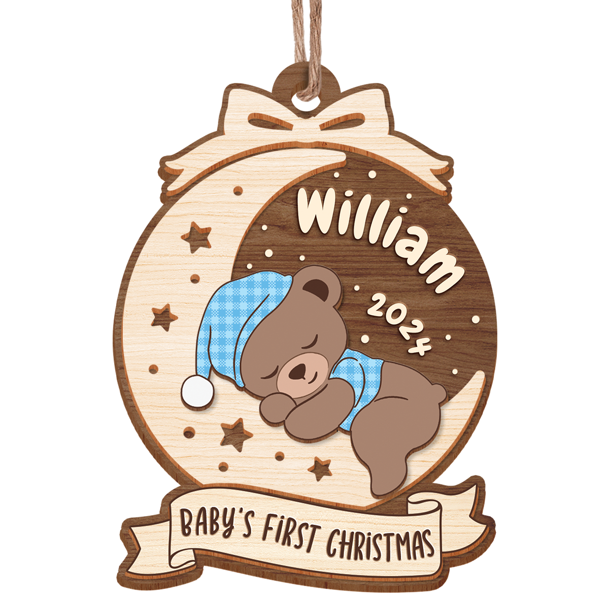 Personalized Baby's First Christmas Ornament - Customized Baby Name 3 Layered Wooden Ornament, Sleeping Baby Bear Gift for New Mom, New Dad