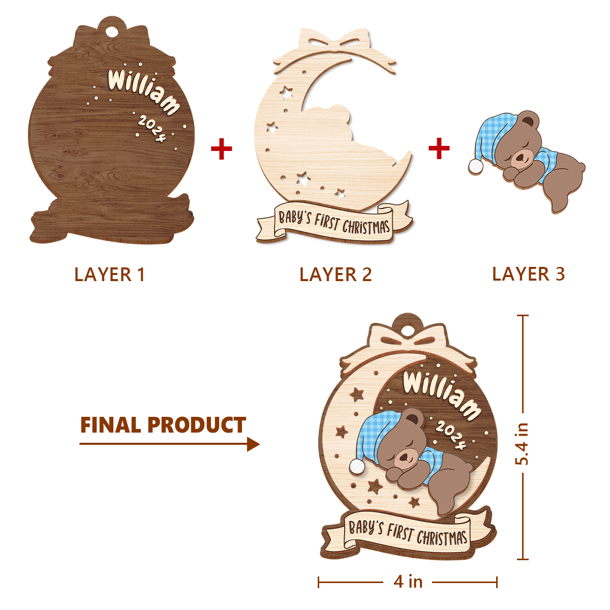 Personalized Baby's First Christmas Ornament - Customized Baby Name 3 Layered Wooden Ornament, Sleeping Baby Bear Gift for New Mom, New Dad