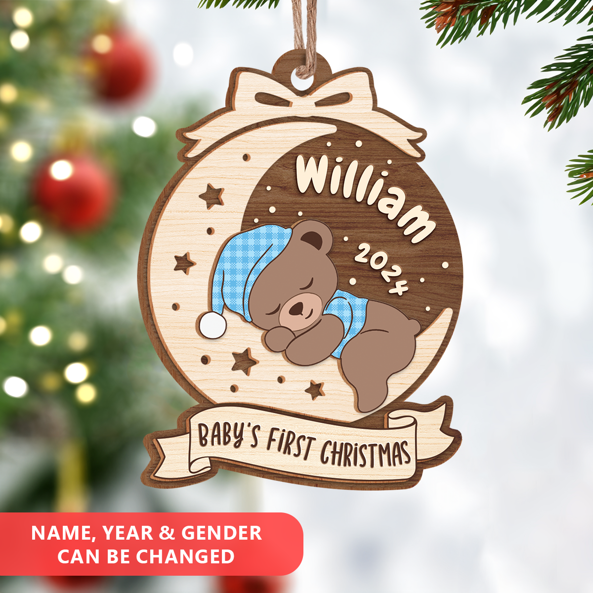 Personalized Baby's First Christmas Ornament - Customized Baby Name 3 Layered Wooden Ornament, Sleeping Baby Bear Gift for New Mom, New Dad