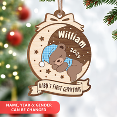 Personalized Baby's First Christmas Ornament - Customized Baby Name 3 Layered Wooden Ornament, Sleeping Baby Bear Gift for New Mom, New Dad