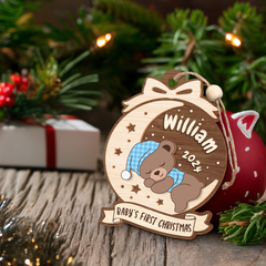 Personalized Baby's First Christmas Ornament - Customized Baby Name 3 Layered Wooden Ornament, Sleeping Baby Bear Gift for New Mom, New Dad