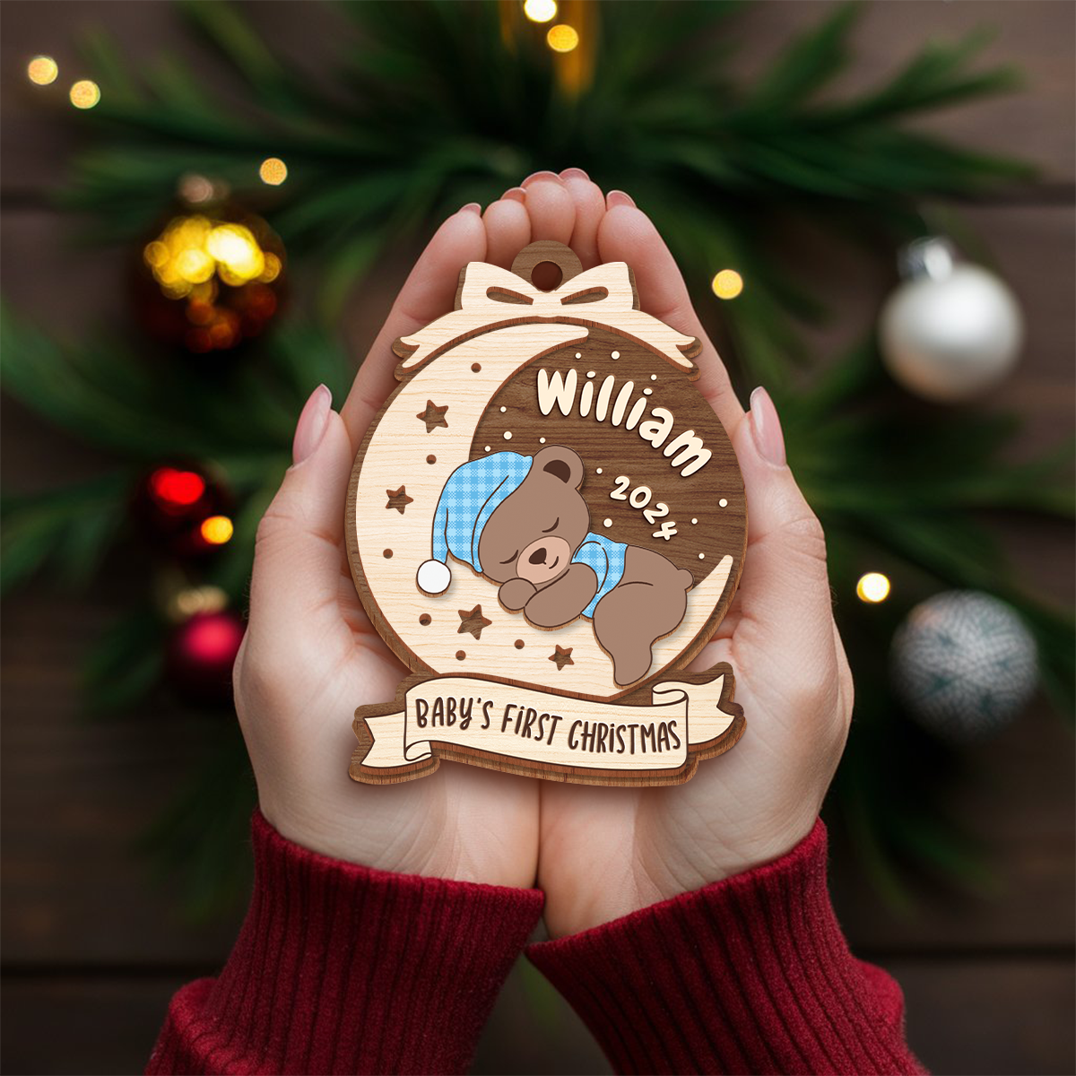 Personalized Baby's First Christmas Ornament - Customized Baby Name 3 Layered Wooden Ornament, Sleeping Baby Bear Gift for New Mom, New Dad
