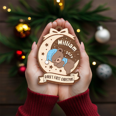 Personalized Baby's First Christmas Ornament - Customized Baby Name 3 Layered Wooden Ornament, Sleeping Baby Bear Gift for New Mom, New Dad