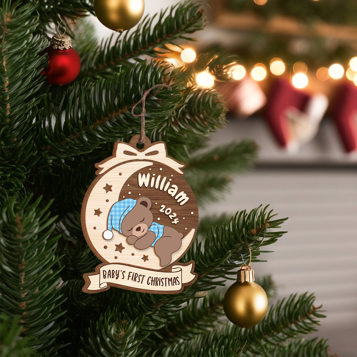 Personalized Baby's First Christmas Ornament - Customized Baby Name 3 Layered Wooden Ornament, Sleeping Baby Bear Gift for New Mom, New Dad