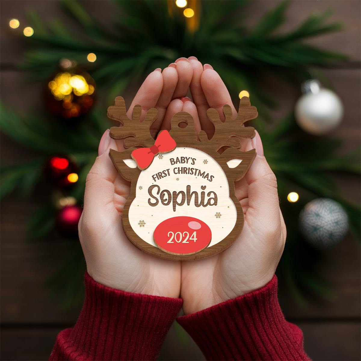 Personalized Baby's First Christmas Ornament - 2 Layered Wooden Design, Custom Baby Name, Christmas Tree Hanging Keepsake for New Mom Dad