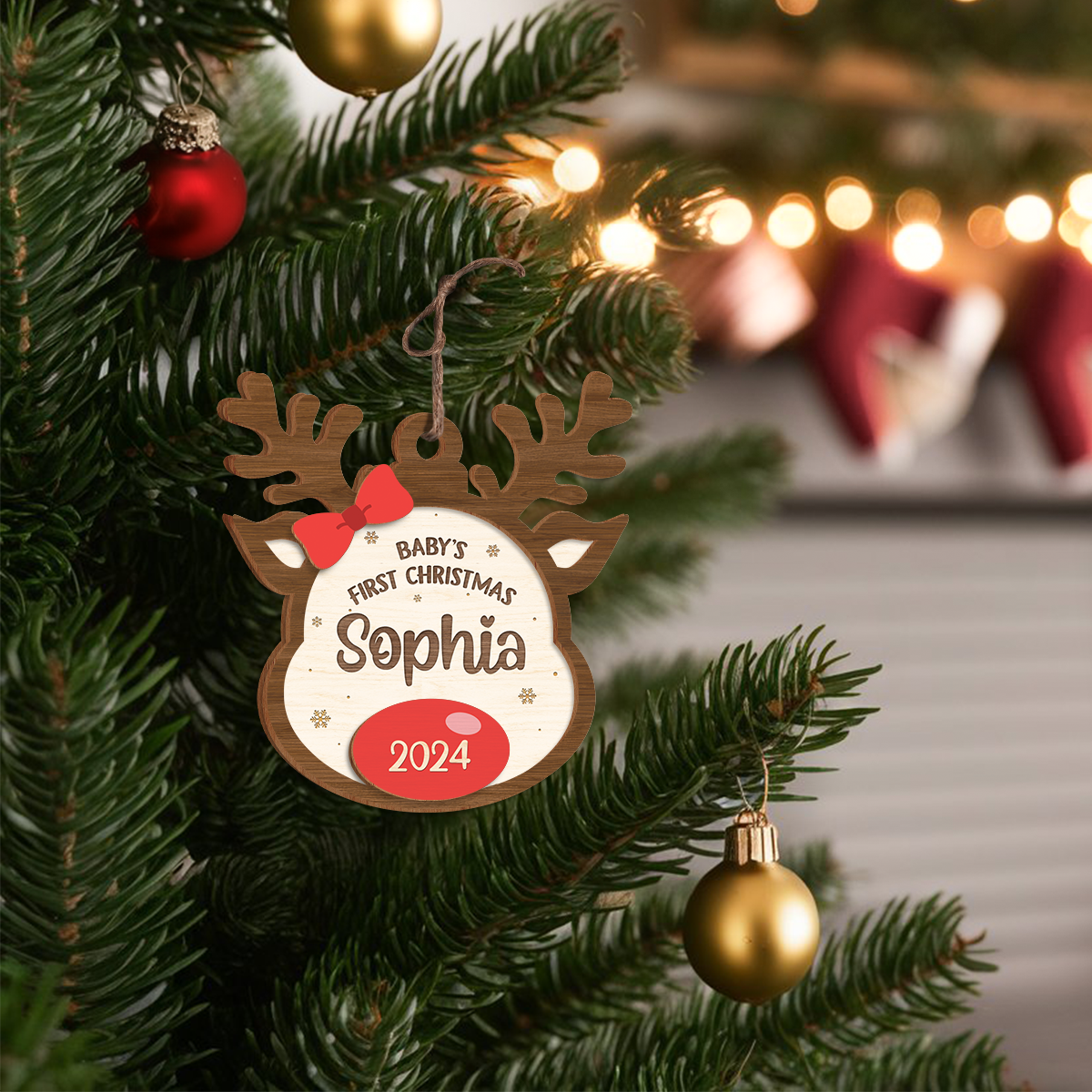 Personalized Baby's First Christmas Ornament - 2 Layered Wooden Design, Custom Baby Name, Christmas Tree Hanging Keepsake for New Mom Dad