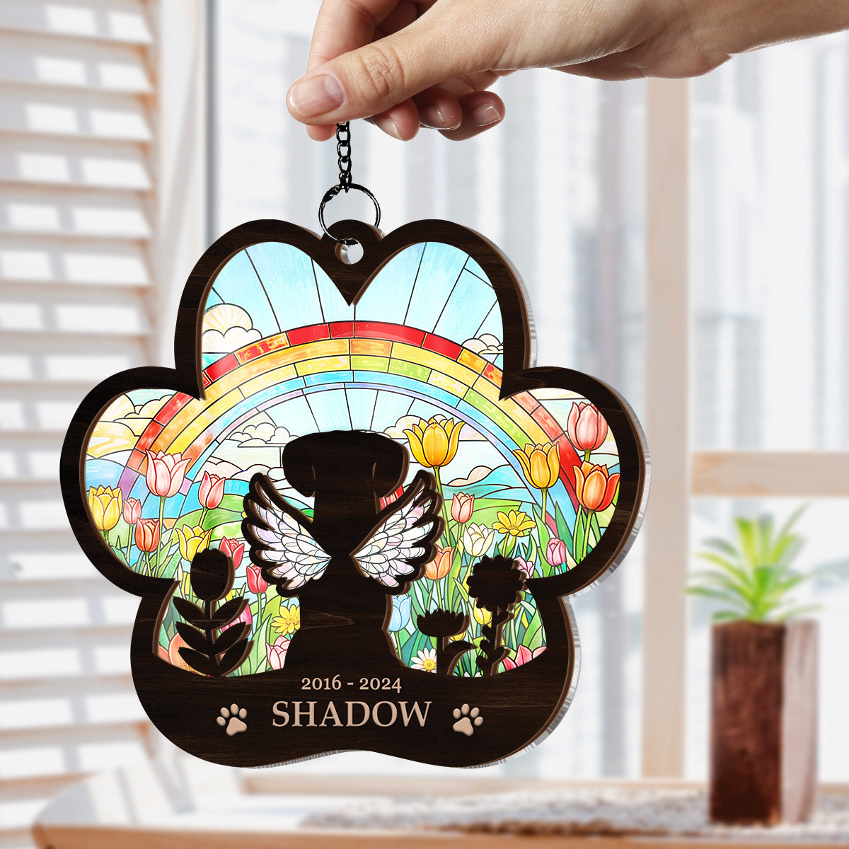Personalized Pet Memorial Ornament, Dog Memorial Rainbow Bridge Paw Frame Suncatcher Ornaments, Loss of Pet Christmas Ornaments for Dog Lovers
