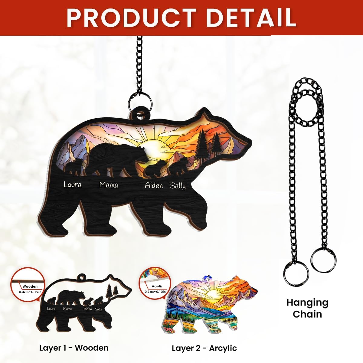 Personalized Mama Bear Suncatcher Ornament for Mom, Gift for Mom, Custom Indoor Window Hanging, Christmas Decoration
