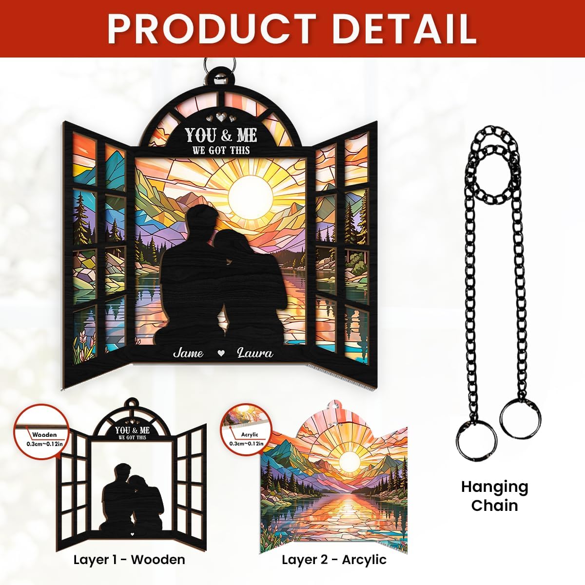 Personalized Couple Suncatcher Ornament You & Me We Got This, Gift for Wedding, Engagement Christmas Decoration, Window Hanging Sign