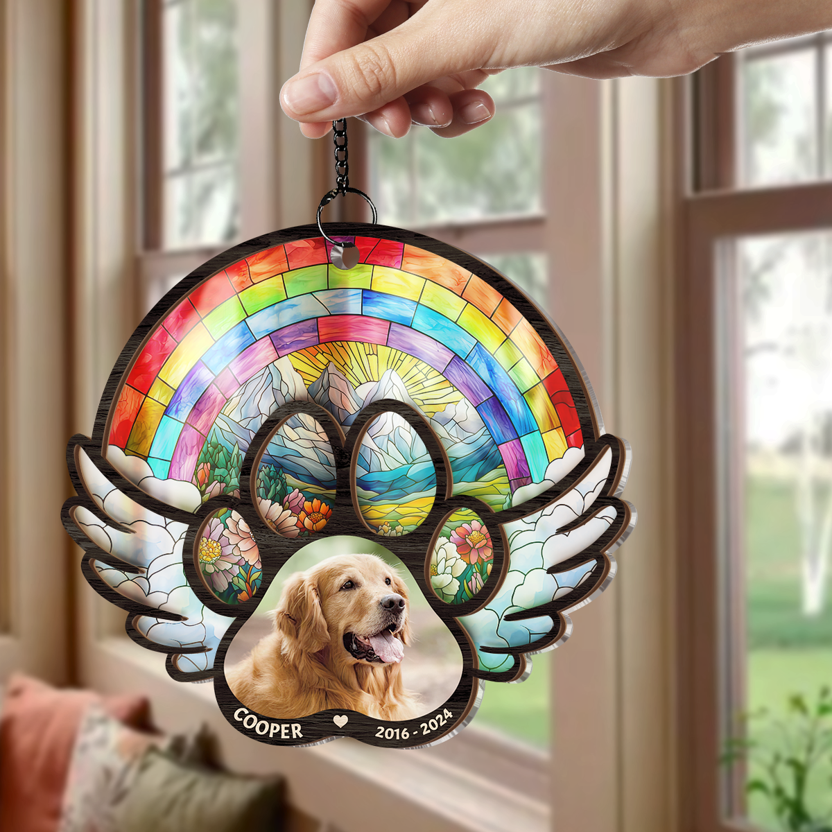 Personalized Pet Memorial Ornament, Dog Memorial Rainbow Bridge Suncatcher Ornaments, Loss of Pet Christmas Ornaments for Dog Lovers