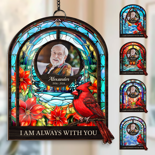 Personalized Memorial Suncatcher Ornament, Custom Photo Hanging Keepsake, Red Cardinal Loss of Loved Ones Sympathy Christmas Ornaments