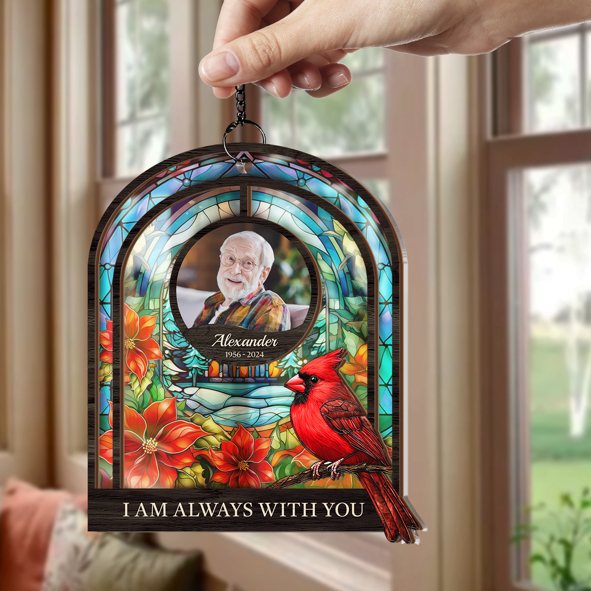 Personalized Memorial Suncatcher Ornament, Custom Photo Hanging Keepsake, Red Cardinal Loss of Loved Ones Sympathy Christmas Ornaments